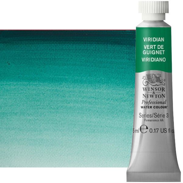 Winsor & Newton 0102692 Artists' Watercolor 5ml Viridian; Made individually to the highest standards; Pans are often used by beginners because they can be less inhibiting and easier to control the strength of color; Tubes are more popular for those who use high volumes of color or stronger washes of color; Maximum color offers greater tinting possibilities; Dimensions 0.51