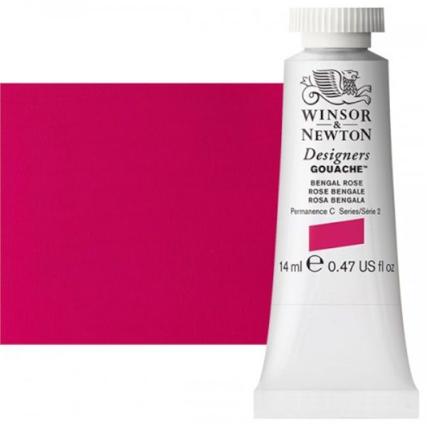 Winsor & Newton 0605028 Designers' Gouache Paints 14ml Bengal Rose; Create vibrant illustrations in solid color; Benefits of this range include smoother, flatter, more opaque, and more brilliant color than traditional watercolors; Unsurpassed covering power due to the heavy pigment concentration in each color; Dries to a matte finish; Dimensions 0.79