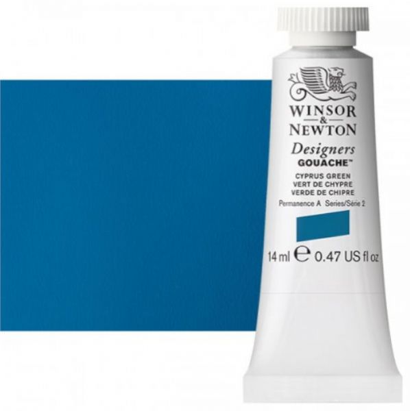 Winsor & Newton 0605211 Designers' Gouache Paints 14ml Cyprus Green; Create vibrant illustrations in solid color; Benefits of this range include smoother, flatter, more opaque, and more brilliant color than traditional watercolors; Unsurpassed covering power due to the heavy pigment concentration in each color; Dries to a matte finish; Dimensions 0.79