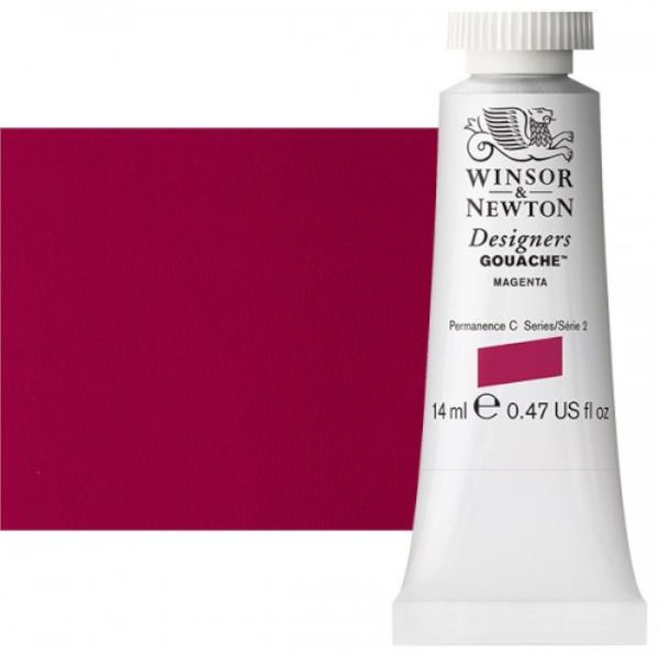 Winsor & Newton 0605380 Designers' Gouache Paints 14ml Magenta; Create vibrant illustrations in solid color; Benefits of this range include smoother, flatter, more opaque, and more brilliant color than traditional watercolors; Unsurpassed covering power due to the heavy pigment concentration in each color; Dries to a matte finish; Dimensions 0.79