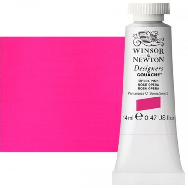Winsor & Newton 0605440 Designers' Gouache Paints 14ml Opera Pink; Create vibrant illustrations in solid color; Benefits of this range include smoother, flatter, more opaque, and more brilliant color than traditional watercolors; Unsurpassed covering power due to the heavy pigment concentration in each color; Dries to a matte finish; Dimensions 0.79