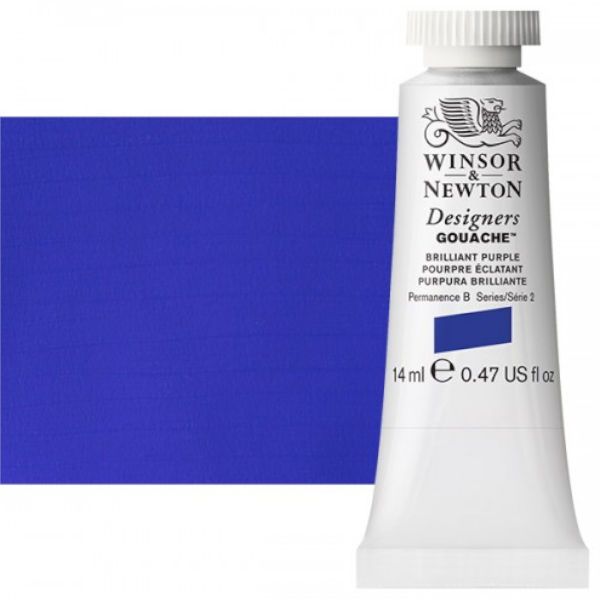 Winsor & Newton 0605455 Designers' Gouache Paints 14ml Brilliant Purple; Create vibrant illustrations in solid color; Benefits of this range include smoother, flatter, more opaque, and more brilliant color than traditional watercolors; Unsurpassed covering power due to the heavy pigment concentration in each color; Dries to a matte finish; Dimensions 0.79