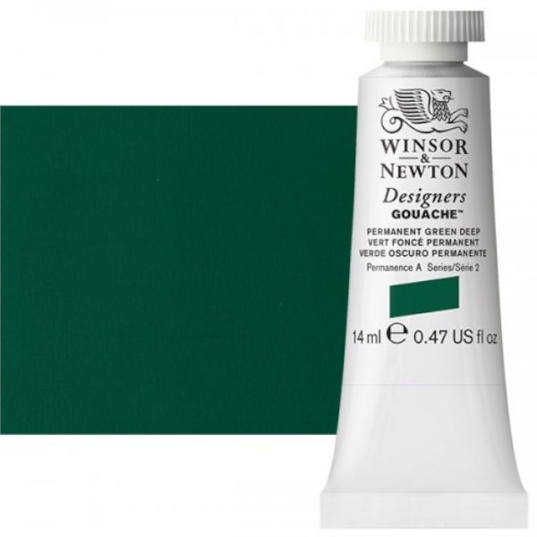 Winsor & Newton 0605482 Designers' Gouache Paints 14ml Permanent Green Deep; Create vibrant illustrations in solid color; Benefits of this range include smoother, flatter, more opaque, and more brilliant color than traditional watercolors; Unsurpassed covering power due to the heavy pigment concentration in each color; Dries to a matte finish; Dimensions 0.79
