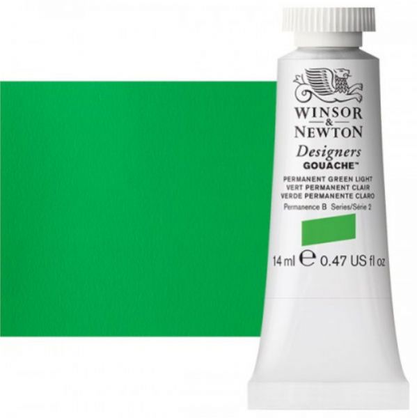 Winsor & Newton 0605483 Designers' Gouache Paints 14ml Permanent Green Light; Create vibrant illustrations in solid color; Benefits of this range include smoother, flatter, more opaque, and more brilliant color than traditional watercolors; Unsurpassed covering power due to the heavy pigment concentration in each color; Dries to a matte finish; Dimensions 0.79