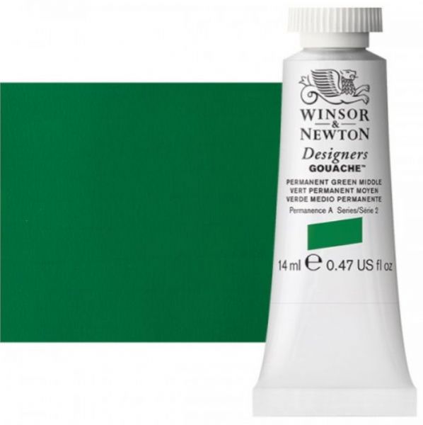 Winsor & Newton 0605484 Designers' Gouache Paints 14ml Permanent Green Middle; Create vibrant illustrations in solid color; Benefits of this range include smoother, flatter, more opaque, and more brilliant color than traditional watercolors; Unsurpassed covering power due to the heavy pigment concentration in each color; Dries to a matte finish; Dimensions 0.79