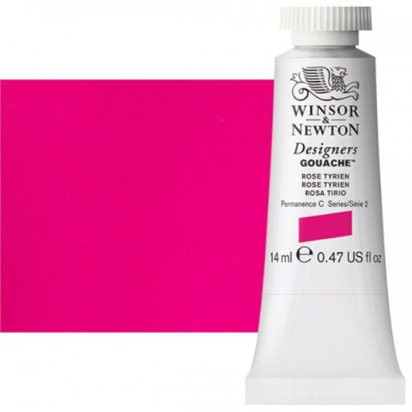 Winsor & Newton 0605593 Designers' Gouache Paints 14ml Rose Tyrien; Create vibrant illustrations in solid color; Benefits of this range include smoother, flatter, more opaque, and more brilliant color than traditional watercolors; Unsurpassed covering power due to the heavy pigment concentration in each color; Dries to a matte finish; Dimensions 0.79