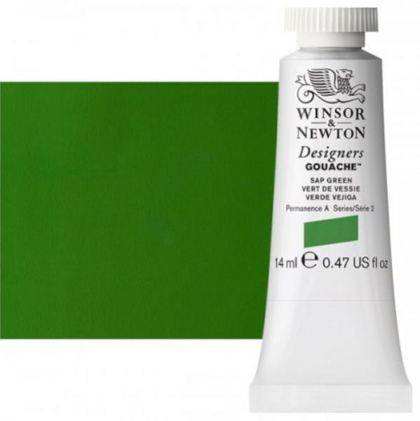 Winsor & Newton 0605599 Designers' Gouache Paints 14ml Sap Green; Create vibrant illustrations in solid color; Benefits of this range include smoother, flatter, more opaque, and more brilliant color than traditional watercolors; Unsurpassed covering power due to the heavy pigment concentration in each color; Dries to a matte finish; Dimensions 0.79