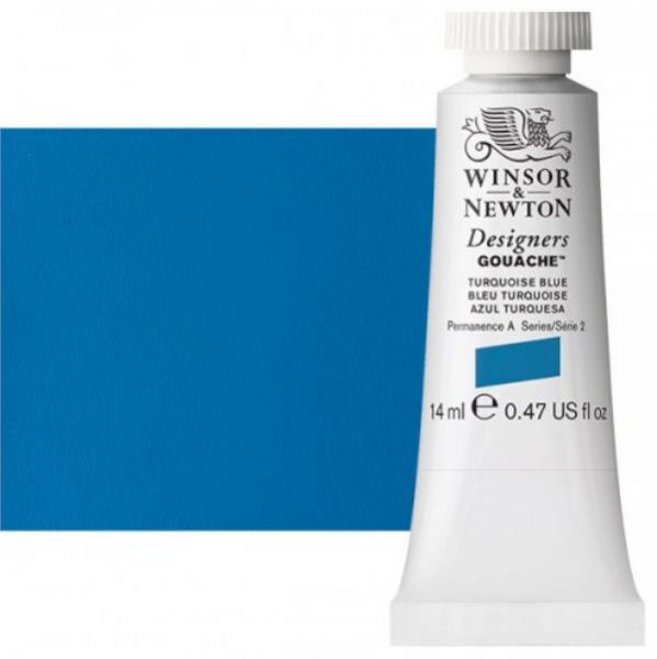 Winsor & Newton 0605656 Designers' Gouache Paints 14ml Turquoise Blue; Create vibrant illustrations in solid color; Benefits of this range include smoother, flatter, more opaque, and more brilliant color than traditional watercolors; Unsurpassed covering power due to the heavy pigment concentration in each color; Dries to a matte finish; Dimensions 0.79