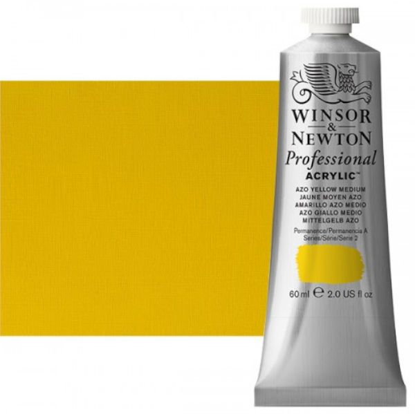Winsor & Newton 2320019 Artists, Acrylic Color 60ml Azo Yellow Medium; Unrivalled brilliant color due to a revolutionary transparent binder, single, highest quality pigments, and high pigment strength; No color shift from wet to dry; Longer working time; Smooth, thick, short, buttery consistency with no stringiness; Dimensions 1.13