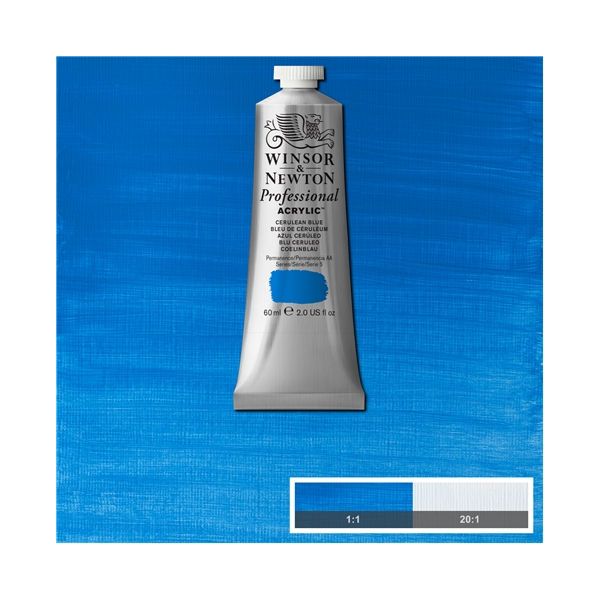 Winsor & Newton 2320137 Artists' Acrylic Color 60ml Cerulean Blue; Unrivalled brilliant color due to a revolutionary transparent binder, single, highest quality pigments, and high pigment strength; No color shift from wet to dry; Longer working time; Offers good levels of opacity and covering power; Satin finish with variable sheen; Smooth, thick, short, buttery consistency with no stringiness; EAN 5012572011044 (WINSORNEWTON2320137 WINSORNEWTON-2320137 WN-ARTISTS-2320137 PAINTING)