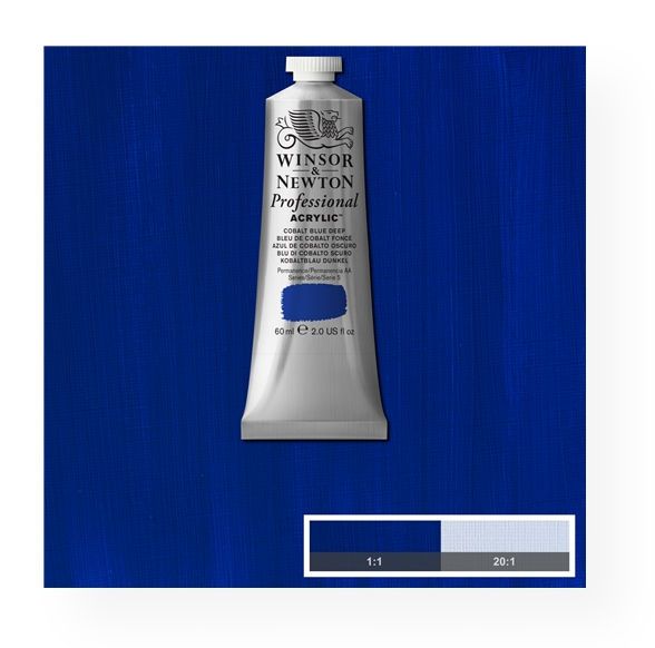 Winsor & Newton 2320180 Artists' Acrylic Color 60ml Cobalt Blue Deep; Unrivalled brilliant color due to a revolutionary transparent binder, single, highest quality pigments, and high pigment strength; No color shift from wet to dry; Longer working time; Offers good levels of opacity and covering power; Satin finish with variable sheen; Smooth, thick, short, buttery consistency with no stringiness; EAN 5012572011082 (WINSORNEWTON2320180 WINSORNEWTON-2320180 WN-ARTISTS-2320180 PAINTING)
