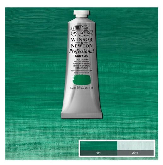 Winsor & Newton 2320184 Artists' Acrylic Color 60ml Cobalt Green; Unrivalled brilliant color due to a revolutionary transparent binder, single, highest quality pigments, and high pigment strength; No color shift from wet to dry; Longer working time; Offers good levels of opacity and covering power; Satin finish with variable sheen; Smooth, thick, short, buttery consistency with no stringiness; UPC 094376990591 (WINSORNEWTON2320184 WINSORNEWTON-2320184 ARTISTS-2320184 PAINTING ACRYLIC)