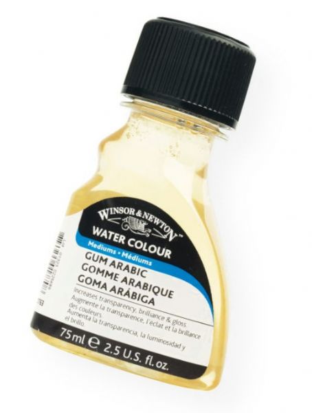 Winsor & Newton 3221763 Gum Arabic; A pale colored solution that controls the spread of wet color, reduces staining, and slows drying; Also increases gloss and transparency; Dilute with water as required; 75ml; Shipping Weight 0.25 lb; Shipping Dimensions 4.41 x 2.2 x 1.38 in; UPC 884955017708 (WINSORNEWTON3221763 WINSORNEWTON-3221763 ARTWORK)