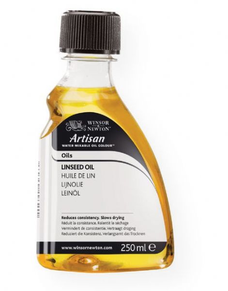 Winsor & Newton 3239723 250ml Water Mixable Linseed Oil; This oil reduces the consistency and improves flow of Artisan oil colours; It also increases gloss and transparency, slows drying; Can be cleaned up with water; Shipping Weight 0.64 lb; Shipping Dimensions 6.1 x 3.15 x 1.97 in; UPC 884955013021 (WINSORNEWTON3239723 WINSORNEWTON-3239723 PAINTING MEDIUM)