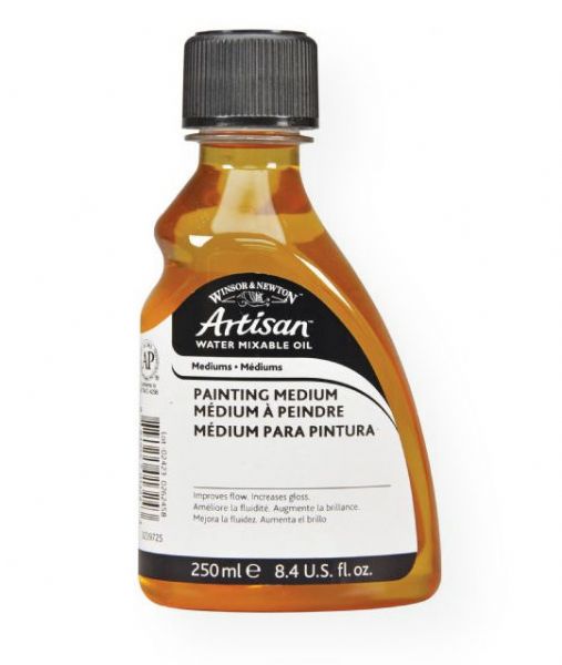 Winsor & Newton 3239725 Artisan 250ml Water Mixable Painting Medium; This slow drying medium reduces consistency, increases luminosity and flexibility of Artisan oil color; It is ideal for oiling out and enriching dull patches; Resists yellowing; Can be cleaned up with water; Can be thinned with Artisan thinner; 250ml; Shipping Weight 0.64 lb; Shipping Dimensions 4.41 x 2.2 x 1.38 in; UPC 884955013243 (WINSORNEWTON3239725 WINSORNEWTON-3239725 ARTISAN-3239725 PAINTING MEDIUM)