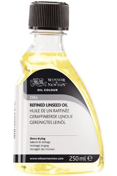 Winsor & Newton 3239748 Refined Linseed Oil 250ml; A low viscosity alkali refined oil of pale color that dries slowly; Reduces oil color consistency and increases gloss and transparency; Add to other oils to slow drying; Dimensions 6.1
