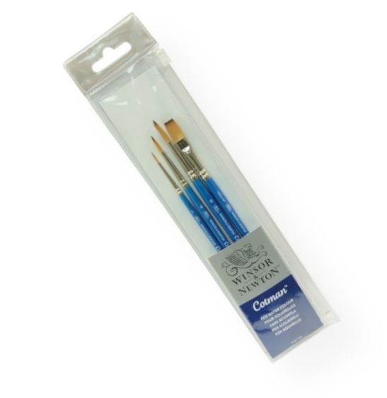 Winsor & Newton 5390604 Cotman Synthetic Watercolor 4-Piece Brush Set; Pure synthetic brushes with a unique blend of fibers for excellent flow control, spring, and point; Wide variety of sizes and styles, suitable for all applications; Short blue polished handles are balanced and comfortable; Nickel plated ferrules prevent corrosion and allow deep cleaning; Set includes round 1, 4, 6, and one stroke 0.375
