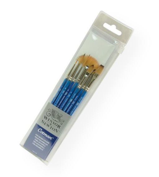 Winsor & Newton 5390605 Cotman Synthetic Watercolor 7-Piece Brush Set; Pure synthetic brushes with a unique blend of fibers for excellent flow control, spring, and point; Wide variety of sizes and styles, suitable for all applications; Short blue polished handles are balanced and comfortable; Nickel plated ferrules prevent corrosion and allow deep cleaning; UPC 884955033203 (WINSORNEWTON5390605 WINSORNEWTON-5390605 COTMAN-5390605 WATERCOLOR)