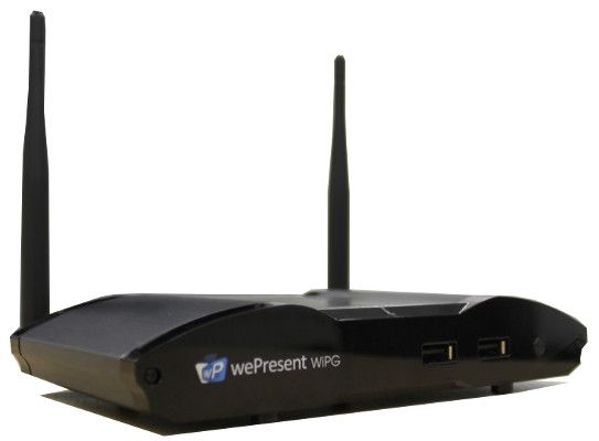 wePresent WiPG-2000 Wireless Presentation Solution; Dual-Band Wireless Access Point; Onboard Video Streamer; Projects one device to up to 4 different wePresent displays; OnScreen Annotation; USB Document Viewer and Media Player; Gigabit LAN and POE; Windows 7/8/10, Mac OS X 10.9/10.10, Android 4 and above, iOS 7 and above, and Chromebook Compatible; Dimensions 6.26