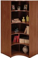 Bush WL24407 Universal Wall Systems Hansen Cherry Corner Bookcase, 5 shelves for storage, Upper 2 shelves are adjustable/removable, Can accommodate a 19" conventional TV on fixed shelf up to 50lbs, Partitions dividing lower fixed shelves support heavier storage loads (WL-24407 WL 24407) 