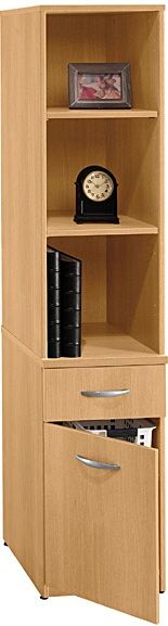 Bush WL60300 Storage Tower, Universal Wall System Collection, Light Oak Finish, Back panel has punch-out that allows wire pass-through from upper storage area, Box drawer for small items glides on ball bearing slides, Leveling glides adjust for stability on uneven floors, European-style, self-closing, adjustable hinges (WL 60300 WL-60300 WL60300)