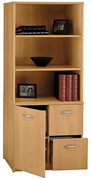 Bush WL60302SU Universal Wall Systems Light Oak Storage Cabinet, Two file drawers accommodate letter-, legal- and A4-size files, File drawers open on full-extension, ball bearing slides, Optional double glass doors can attach to protect upper storage area (WL60302-SU WL60302 SU WL 60302SU WL-60302SU )