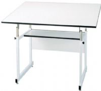 Alvin WMJ-4-XB WorkMaster Jr. Drafting Table with 30" x 42" white Melamine board top, Angle adjusts from 0° to 35°, Height adjusts from 29" to 44" in the horizontal position, Base is constructed of 1" x 1" heavy-gauge steel tubing, 12" x 32" built-in storage shelf, UPC 088354948476 (WMJ 4 XB WMJ4XB) 