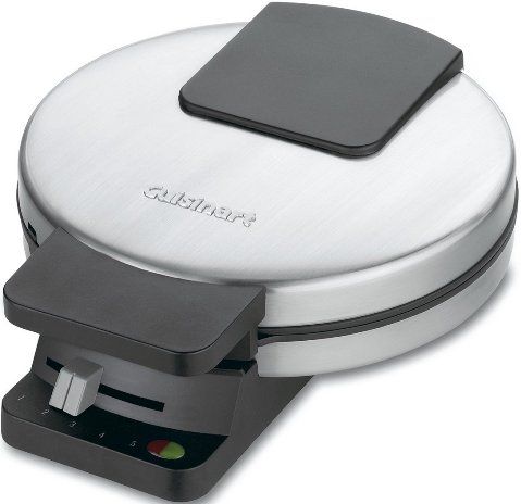 Cuisinart WMR-CA Round Classic Waffle Maker, Bakes one large traditional-style waffle, Five-setting browning control, Regulating thermostat, Red and green, ready to bake/ready to eat, indicator lights, Nonstick baking plates, Brushed stainless steel housing, Instruction/Recipe book, 5-setting browning control, UPC 086279000989 (WMRCA WMR-CA WMR CA)