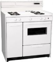 Summit WEM430KW Freestanding Electric Range with Manual Clean, Oven Window, Side Storage and Clock with Timer, White Finish, 36" Capacity, 4 Open Gas Burners, Porcelain Oven and Broiler Door, 8" Backguard, Removable oven door, Chrome handle, Drop down door / storage beneath oven, Additional side storage compartment, Porcelain broiler tray with grease well cover (WEM-430KW WEM 430KW) 
