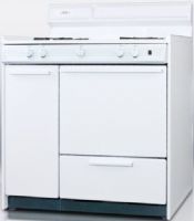 Summit WNM430P Wide 36" Gas Range with Battery Start Ignition, White, 2.9 cu.ft. Capacity, 9000 BTU per Burner, 4 open burners, Recessed oven door, Solid porcelain range top and oven, Broiler drawer, Removable oven door and range top, Anti-tip bracket, Broiler tray included, 12" wide storage cabinet included in body, Backsplash (WNM-430P WNM 430P WNM430) 