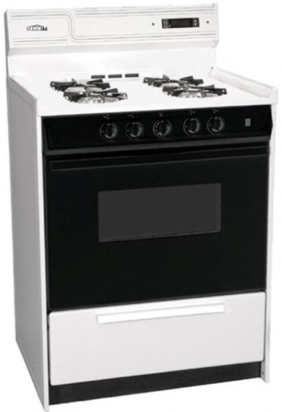 Summit WNM6307DK Freestanding Gas Range with Manual Clean, Black Glass See-Thru Door, Electronic Ignition and Clock with Timer, Natural Gas, White Finish, 24