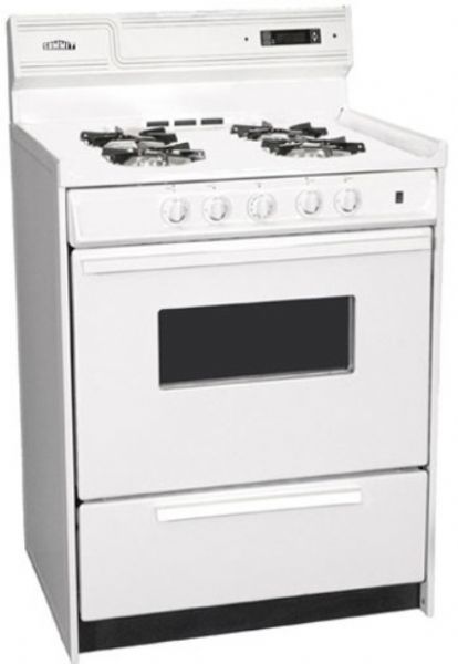 Summit WNM6307KW Freestanding Gas Range with Manual Clean, Oven Window, Electronic Ignition and Clock with Timer, Natural Gas, White Finish, 24