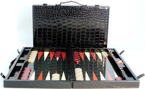 WorldWise Imports 26306A Black Vinyl Crocodile Backgammon Set, 23L x 19W x 1.4H in Open board dimensions, Board made of durable wood using decoupage technique, Croc Button Case, Button latch playing surface has modern black field, UPC 035756262259 (26306A WORLDWISEIMPORTS26306A WORLDWISEIMPORTS-26306-A WORLDWISEIMPORTS 26306 A)