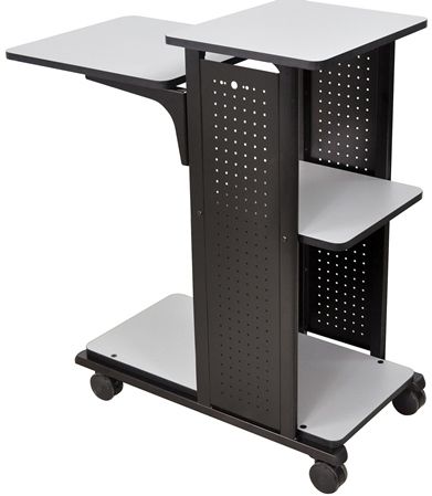 Luxor WPS4 Mobile Presentation Station, Gray; Has four gray laminate work surfaces with a black steel frame; Adjustable second shelf can be set from 31 1/2