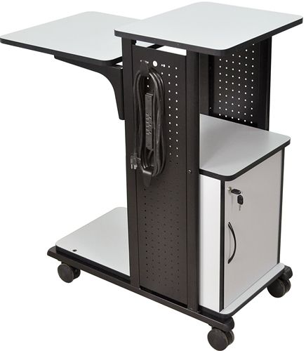 Luxor WPS4CE Mobile Presentation Station, Gray; Has four gray laminate work surfaces with a black steel frame; Adjustable second shelf can be set from 33