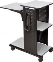 Luxor WPS4E Mobile Presentation Station, Gray; Has four gray laminate work surfaces with a black steel frame; Adjustable second shelf can be set from 33" up to 41" high; Includes 3-Outlet UL approved electrical assembly with 15 ft. cord; A set of silent roll, 3" furniture casters, two with locking brakes; Easy assembly; UPC 812552010525 (WPS-4E WPS 4E WPS4-E WPS4) 