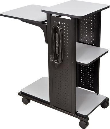 Luxor WPS4E Mobile Presentation Station, Gray; Has four gray laminate work surfaces with a black steel frame; Adjustable second shelf can be set from 33