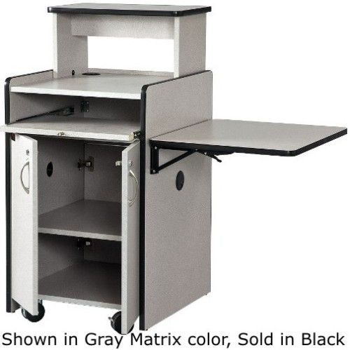 AVF Audio Visual Furniture International WS101-B Multimedia Workstation Cart Stand With Shelf, Black, Made with furniture grade laminates, Large work surface to accommodate monitors, notebook computers and presentation documents, Removable top shelf keeps projector out of the way, Slide out keyboard drawer (WS101B WS101 B WS-101B WS 101GB WS-101 VFI)