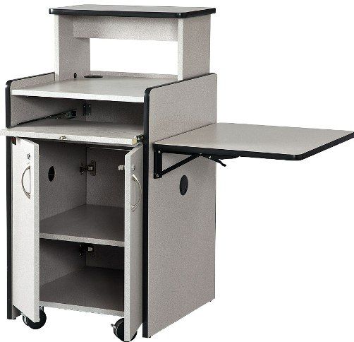 AVF Audio Visual Furniture International WS101-GM Multimedia Workstation Cart Stand With Shelf, Gray Matrix, Made with furniture grade laminates, Large work surface to accommodate monitors, notebook computers and presentation documents, Removable top shelf keeps projector out of the way, Slide out keyboard drawer (WS101GM WS101 GM WS-101GM WS 101GM WS-101 VFI)