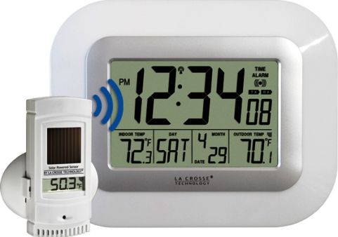 La Crosse Technology WS-811561-W Atomic Digital Wall Clock withIN/OUT Temp, -39.8F to 139.8F Wireless outdoor temperature range, 14.2F to 99.9F Indoor temperature range, Up to 200 Feet Transmission range, 915 MHz Transmission frequency, Solar-powered wireless outdoor temperature sensor, Wireless outdoor temperature F or C, Monitors indoor temperature F or C, UPC 757456988948 (WS811561W WS-811561-W WS 811561 W)
