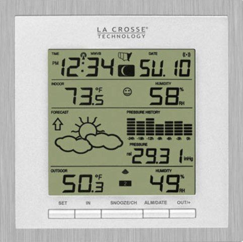 La Crosse Technology WS-9049U-IT-AL Wireless Forecast Station with Pressure History, 330 Ft Transmission Range, 24 Months Battery Life, 14.2F to 139.8F ; -9.9C to +59.9C IN Temp Range, 1%-99% RH Indoor/Outdoor relative humidity, -39.8F to +139.8F ; -39.9C to +59.9C OUT Temp Range, Indoor comfort level icon, 12 Moon phases, Atomic time and date with manual setting, UPC 757456988634 (WS9049UIT WS-9049U-IT WS 9049U IT WS9049UITAL)