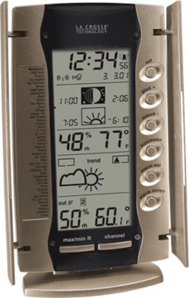 La Crosse Technology WS-9096U Wireless Sun/Moon Forecast Station, 1% to 99% Humidity range, -21.8F to +157.8F Wireless outdoor temperature range, 32 F to +140F Indoor temperature range, 12 phases Moon phase, 5 minutes to 30 minutes Adjustable snooze range, 433.92 MHz of Transmission frequency, Up to 330 feet of Transmission range (WS 9096U WS9096U WS-9096U)