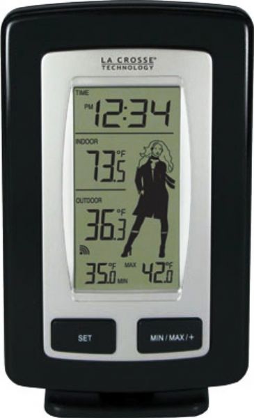 La Crosse Technology WS-9760U-IT Wireless Temperature Station with Weather Girl, 200 Feet Transmission Range, -3.8F to 139.8F ; -19.9C to 59.9C Indoor Temperature Range, -39.8F to +139.8F ; -39.9C to +59.9C Outdoor Temperature Range, 5 Icons Update Based on Outdoor Temperature, MIN/MAX Records for Outdoor Temperature, 12 / 24 Hour Time Display, Low battery indicator for display and sensor, UPC 757456988726 (WS 9760U IT WS-9760U-IT WS9760UIT)