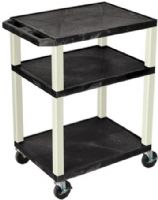 Luxor WT34 Tuffy AV Cart 3 Shelves Putty Legs, Black; 18"D x 24"W shelves 1 1/2"thick; 1/4" safety retaining lip; Raised texture surface to enhance product placement and ensure minimal sliding; Legs are 1 1/2" square; Four 4" silent roll, full swivel ball, heavy duty 4" casters, two with locking brake; Has 3 shelves, 34"H; Easy assembly; Made in USA; UPC 847210027560 (WT-34 WT 34) 
