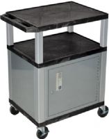 Luxor WT34C4E-N Tuffy AV Cart 3 Shelves with Cabinet Nickel Legs, Black; 18"D x 24"W shelves 1 1/2"thick; Raised texture surface to enhance product placement and ensure minimal sliding; Legs are 1 1/2" square; Includes electric assembly with 3 outlet 15 foot cord with cord management wrap and three cable management clips; UPC 847210006022 (WT34C4EN WT34C4E WT-34C4E-N WT 34C4E-N WT34 C4E-N) 