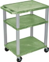 Luxor WT34GE-N Tuffy AV Cart 3 Shelves Nickel Legs, Green; Includes electric assembly with 3 outlet 15 foot cord with cord management wrap and three cable management clips; 18"D x 24"W shelves 1 1/2"thick; 1/4" safety retaining lip; Raised texture surface to enhance product placement and ensure minimal sliding; UPC 812552017883 (WT34GEN WT34GE WT-34GE-N WT 34GE-N WT34-GE-N WT34 GE-N) 