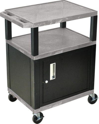 Luxor WT34GYC2E-B Tuffy AV Cart 3 Shelves Black Legs, Gray; Includes steel cabinet made of 20 gauge steel; Includes lock with a set of two keys; Includes electric assembly with 3 outlet 15 foot cord with cord management wrap and three cable management clips; Recessed chrome handle and cable management access in back cabinet panel; UPC 812552010464 (WT34GYC2EB WT34GYC2E WT-34GYC2E-B WT34-GYC2E-B WT34)