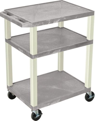 Luxor WT34GYE Tuffy AV Cart 3 Shelves Putty Legs, Gray; Includes electric assembly with 3 outlet 15 foot cord with cord management wrap and three cable management clips; 18