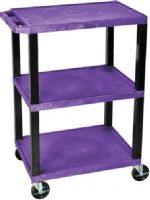 Luxor WT34PS Tuffy AV Cart 3 Shelves Black Legs, Purple; 18"D x 24"W shelves 1 1/2"thick; 1/4" safety retaining lip; Raised texture surface to enhance product placement and ensure minimal sliding; Legs are 1 1/2" square; Four 4" silent roll, full swivel ball, heavy duty 4" casters, two with locking brake; Clearance between shelves is 12"; UPC 847210006893 (WT-34PS WT 34PS WT34-PS WT34 PS) 