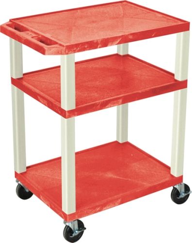 Luxor WT34RE Tuffy AV Cart 3 Shelves Putty Legs, Red; Includes electric assembly with 3 outlet 15 foot cord with cord management wrap and three cable management clips; 18